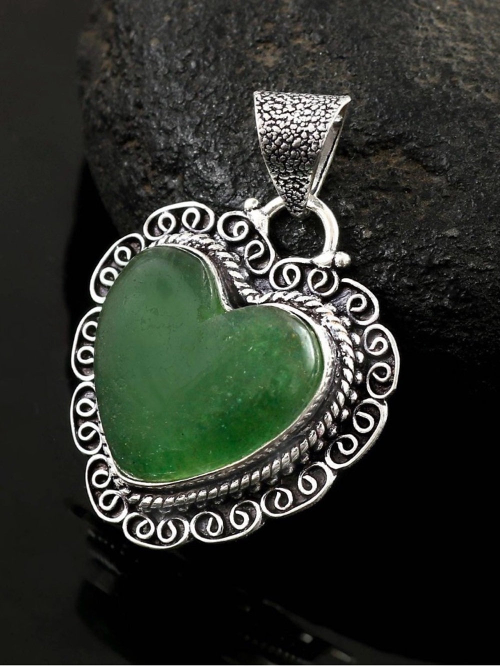 Natural Green Jade Heart Pendant | 925 Sterling Silver
